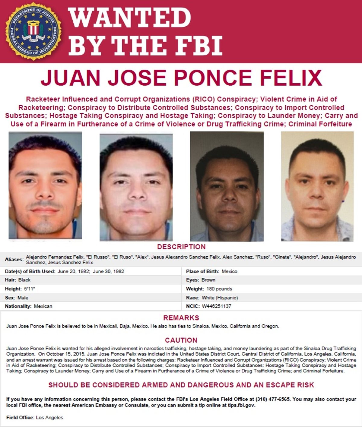 Ofrece EU recompensa por 5 mdd por información de Ponce Félix, líder del cártel de Sinaloa y 'Los Rusos'